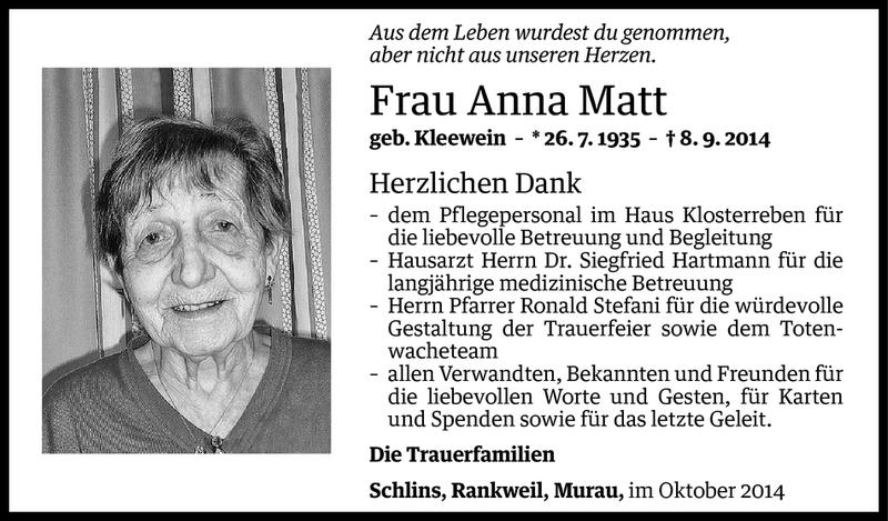  Todesanzeige für Anna Matt vom 06.10.2014 aus Vorarlberger Nachrichten