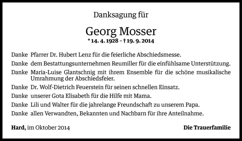  Todesanzeige für Georg Mosser vom 03.10.2014 aus Vorarlberger Nachrichten