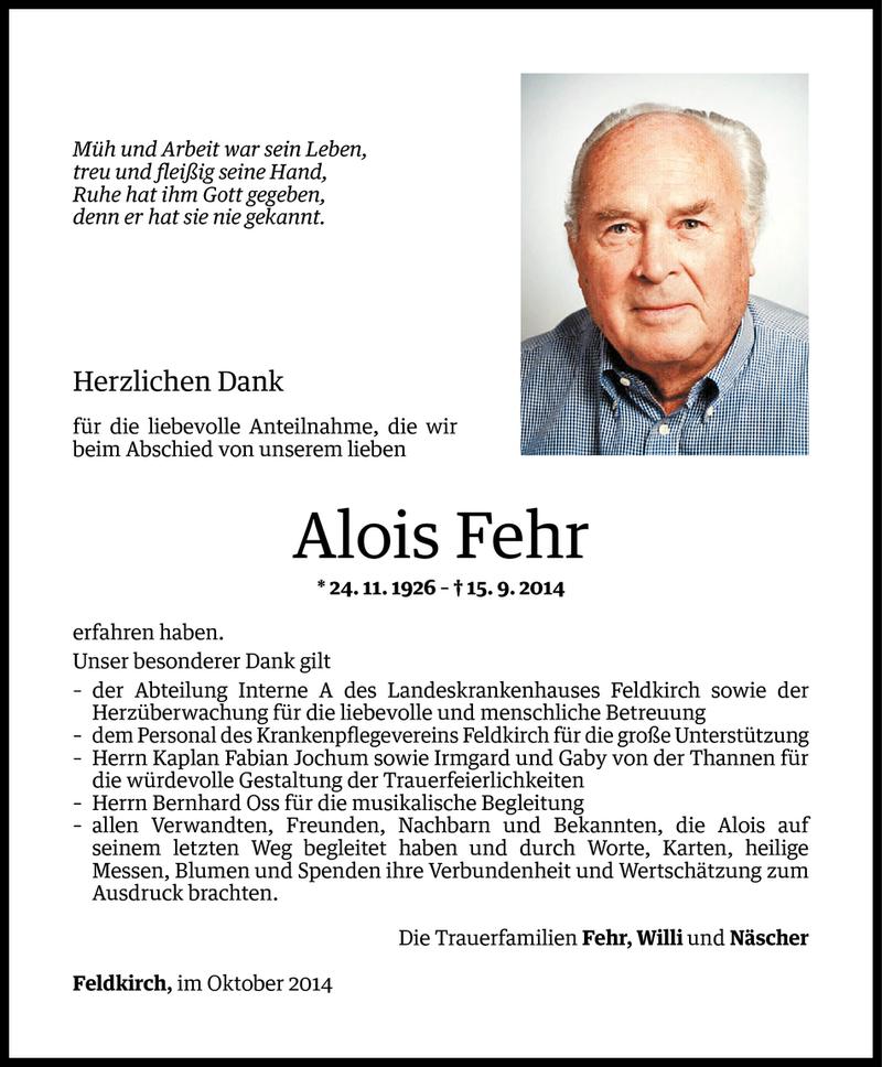  Todesanzeige für Alois Fehr vom 03.10.2014 aus Vorarlberger Nachrichten