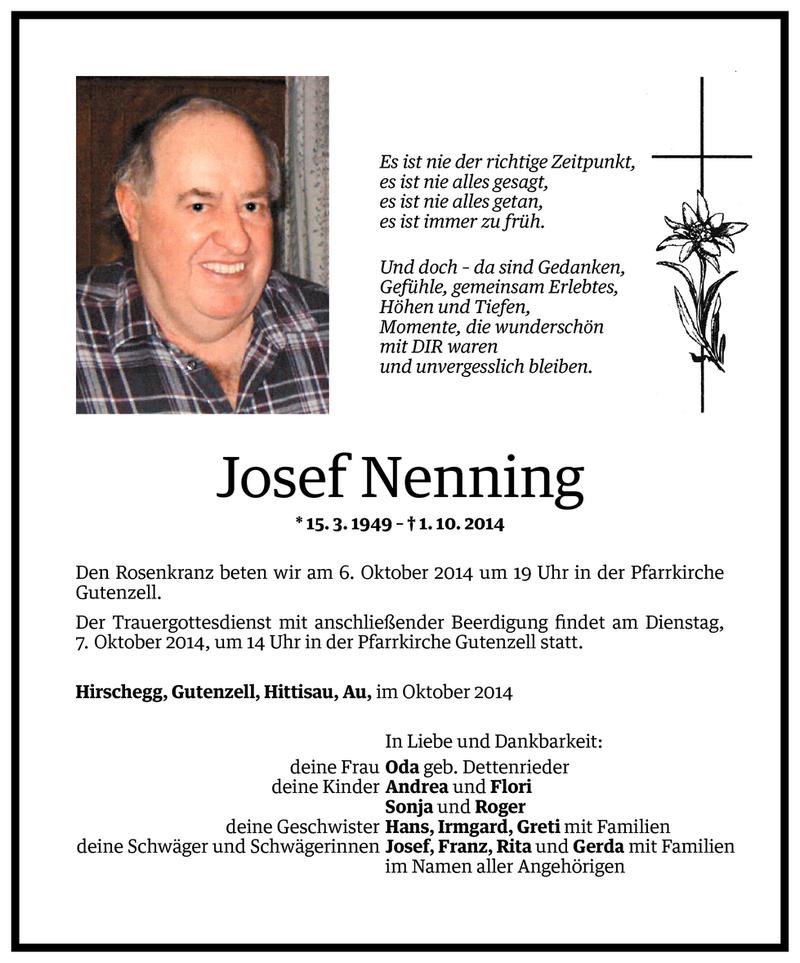  Todesanzeige für Josef Nenning vom 05.10.2014 aus Vorarlberger Nachrichten