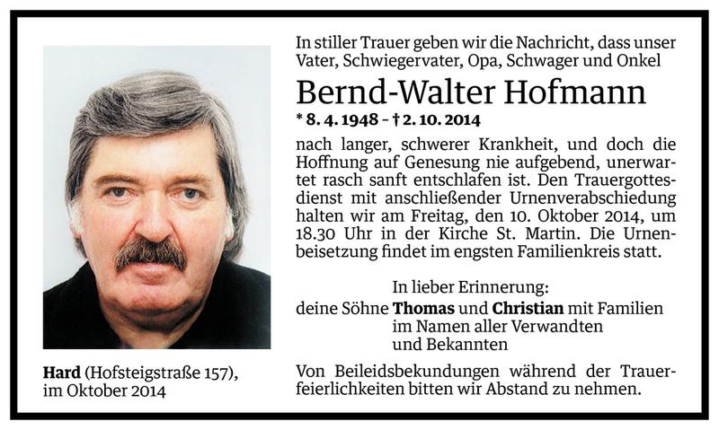  Todesanzeige für Bernd-Walter Hofmann vom 07.10.2014 aus Vorarlberger Nachrichten