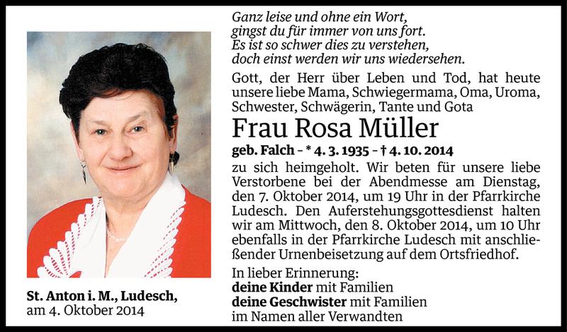  Todesanzeige für Rosa Müller vom 06.10.2014 aus Vorarlberger Nachrichten