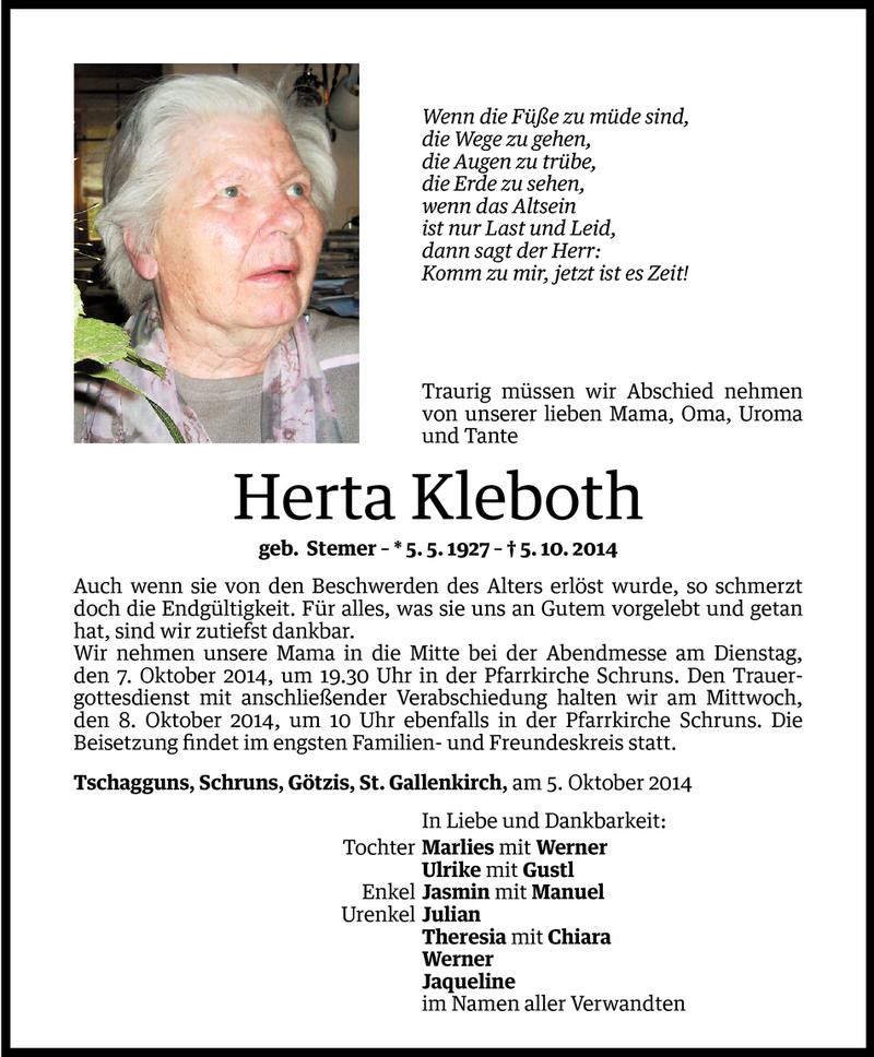  Todesanzeige für Herta Kleboth vom 06.10.2014 aus Vorarlberger Nachrichten