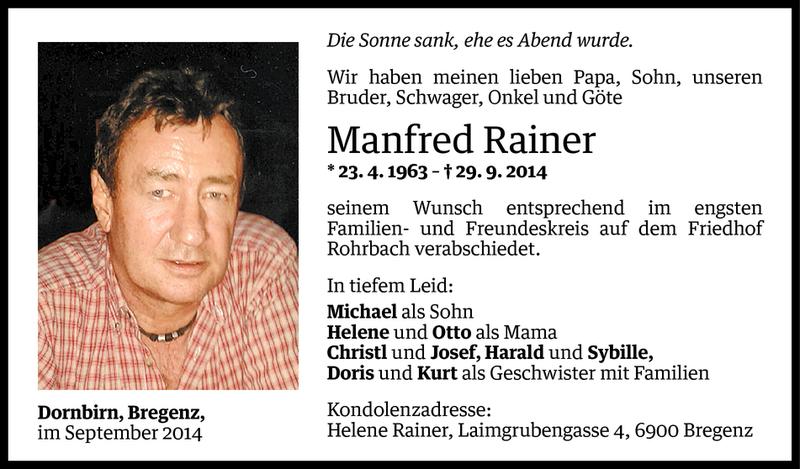  Todesanzeige für Manfred Rainer vom 06.10.2014 aus Vorarlberger Nachrichten