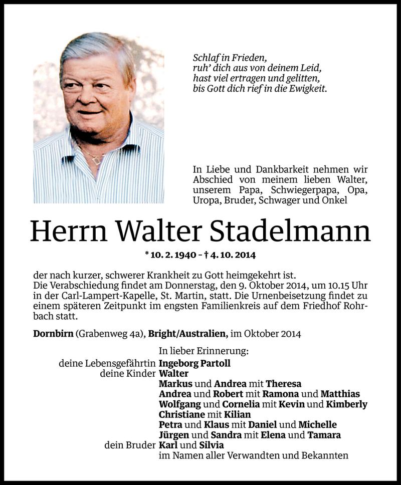  Todesanzeige für Walter Stadelmann vom 06.10.2014 aus Vorarlberger Nachrichten