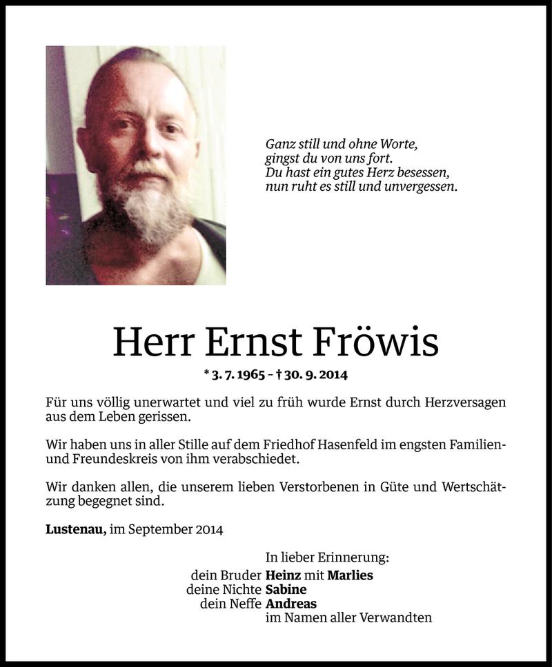  Todesanzeige für Ernst Fröwis vom 08.10.2014 aus Vorarlberger Nachrichten