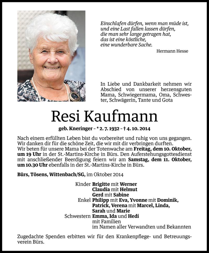  Todesanzeige für Resi Kaufmann vom 08.10.2014 aus Vorarlberger Nachrichten