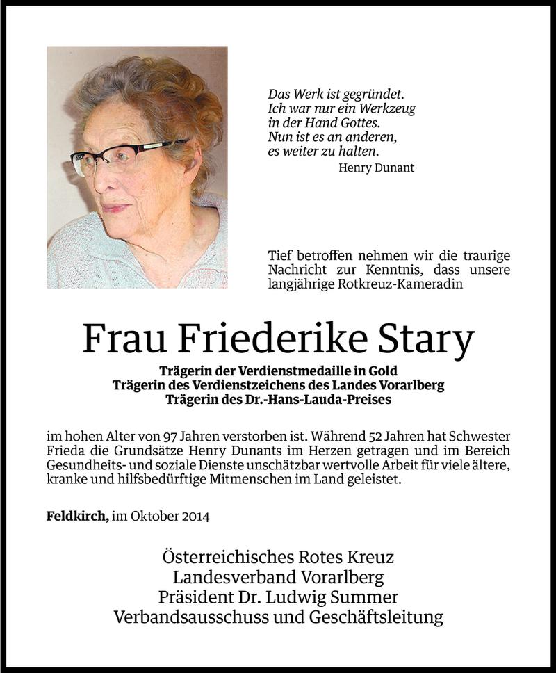  Todesanzeige für Friederike Stary vom 07.10.2014 aus Vorarlberger Nachrichten