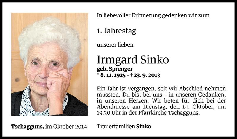  Todesanzeige für Irmgard Sinko vom 08.10.2014 aus Vorarlberger Nachrichten