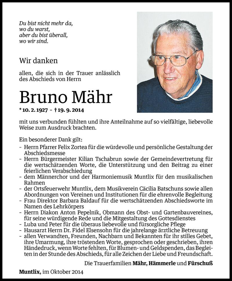  Todesanzeige für Bruno Mähr vom 10.10.2014 aus Vorarlberger Nachrichten