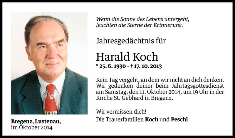  Todesanzeige für Harald Koch vom 08.10.2014 aus Vorarlberger Nachrichten