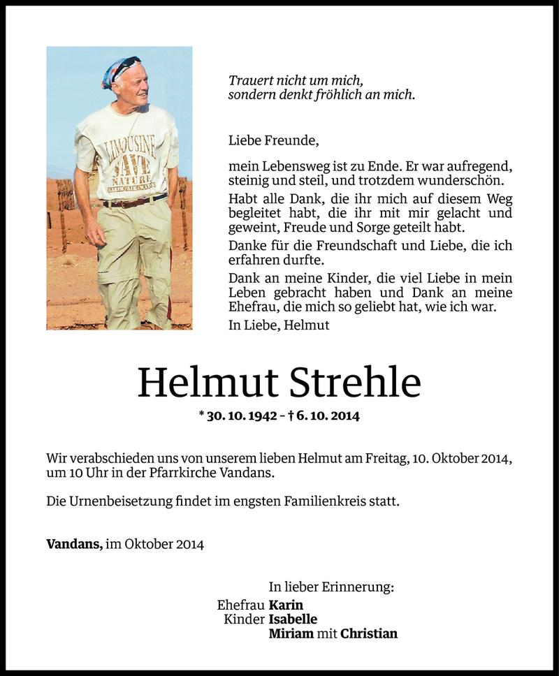  Todesanzeige für Helmut Strehle vom 08.10.2014 aus Vorarlberger Nachrichten