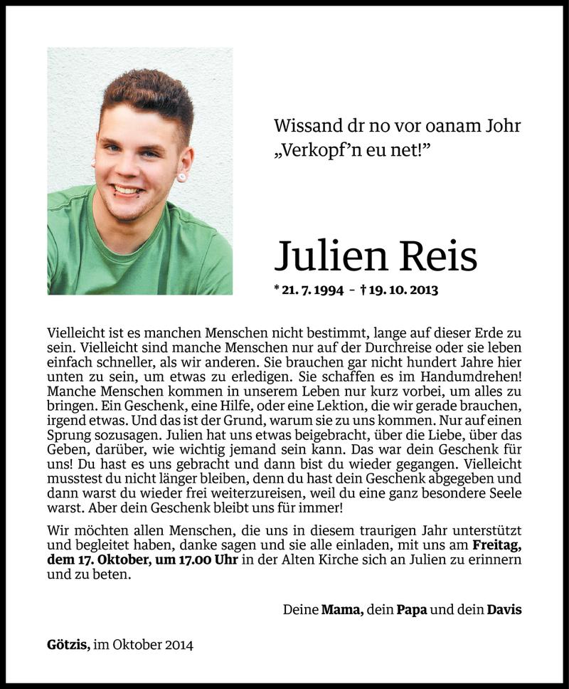  Todesanzeige für Julien Reis vom 15.10.2014 aus Vorarlberger Nachrichten