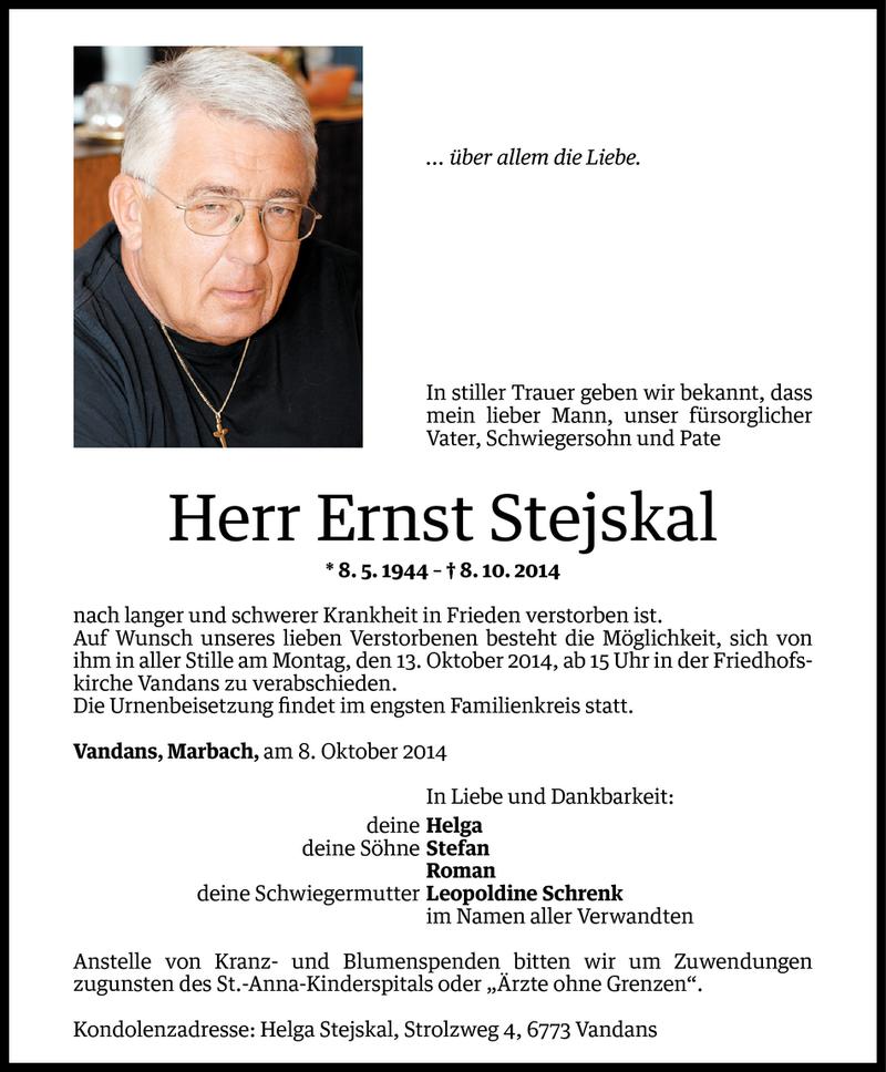  Todesanzeige für Ernst Stejskal vom 10.10.2014 aus Vorarlberger Nachrichten