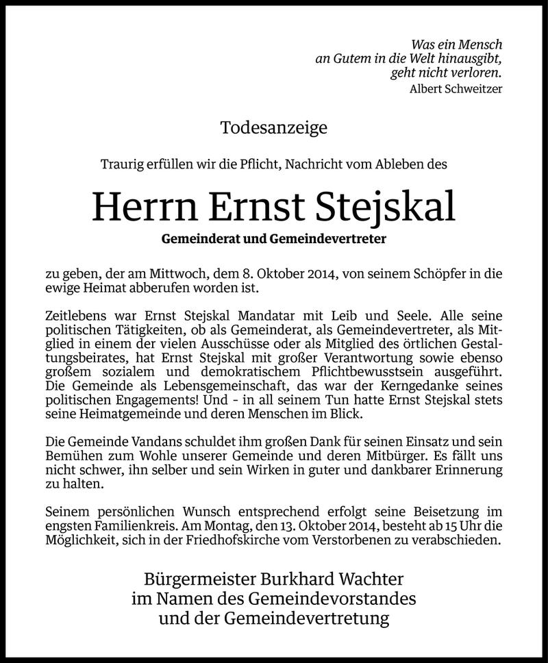  Todesanzeige für Ernst Stejskal vom 10.10.2014 aus Vorarlberger Nachrichten