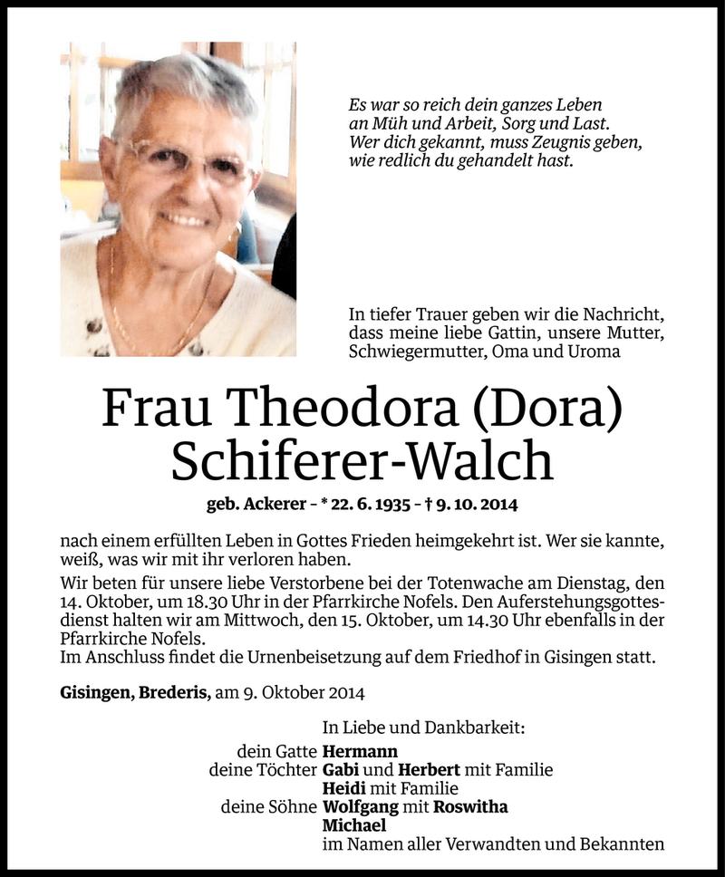  Todesanzeige für Theodora Schiferer-Walch vom 12.10.2014 aus Vorarlberger Nachrichten