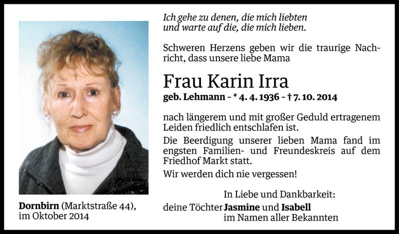  Todesanzeige für Karin Irra vom 13.10.2014 aus Vorarlberger Nachrichten