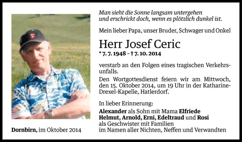  Todesanzeige für Josef Ceric vom 14.10.2014 aus Vorarlberger Nachrichten