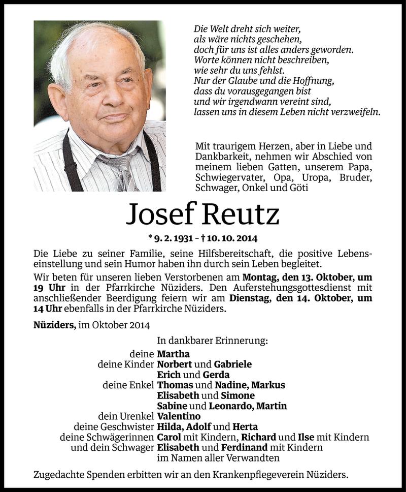  Todesanzeige für Josef Reutz vom 13.10.2014 aus Vorarlberger Nachrichten