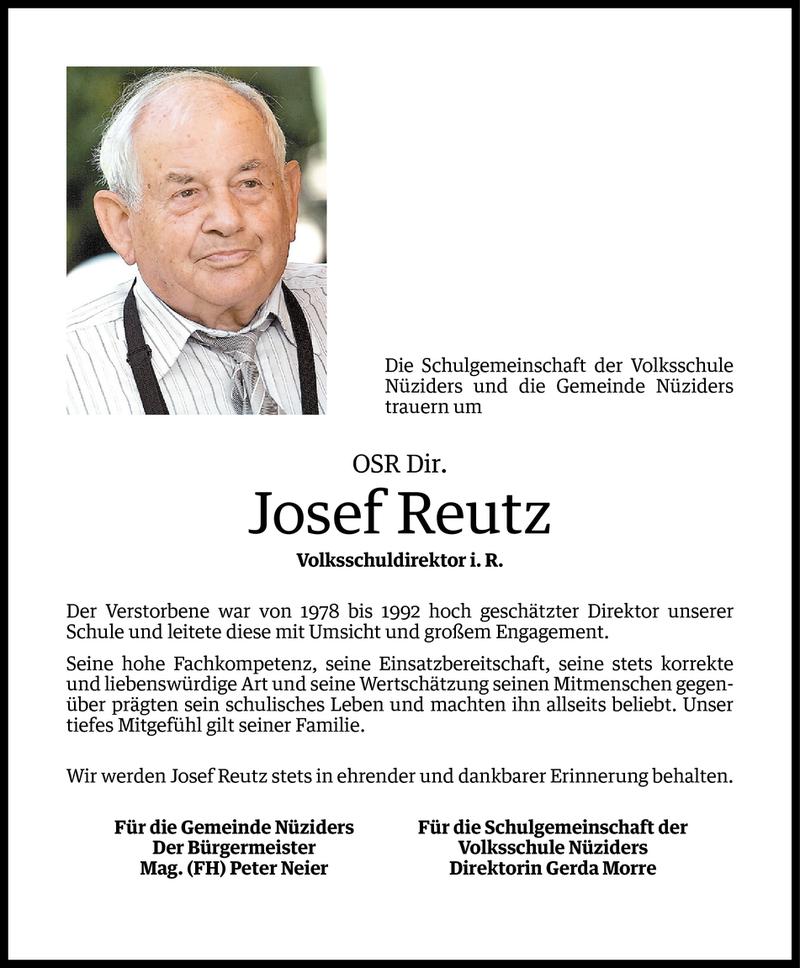  Todesanzeige für Josef Reutz vom 13.10.2014 aus Vorarlberger Nachrichten