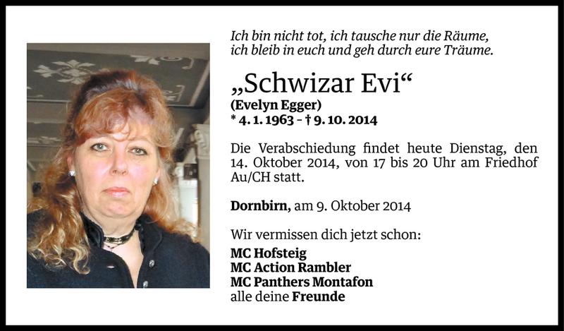  Todesanzeige für Evelyn Egger vom 13.10.2014 aus Vorarlberger Nachrichten