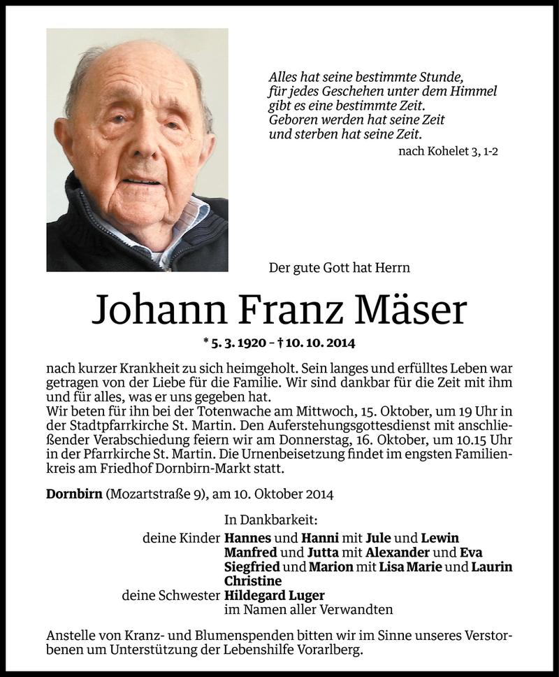  Todesanzeige für Johann Franz Mäser vom 13.10.2014 aus Vorarlberger Nachrichten