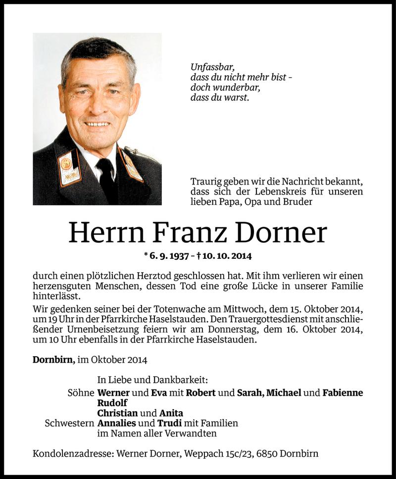  Todesanzeige für Franz Dorner vom 13.10.2014 aus Vorarlberger Nachrichten