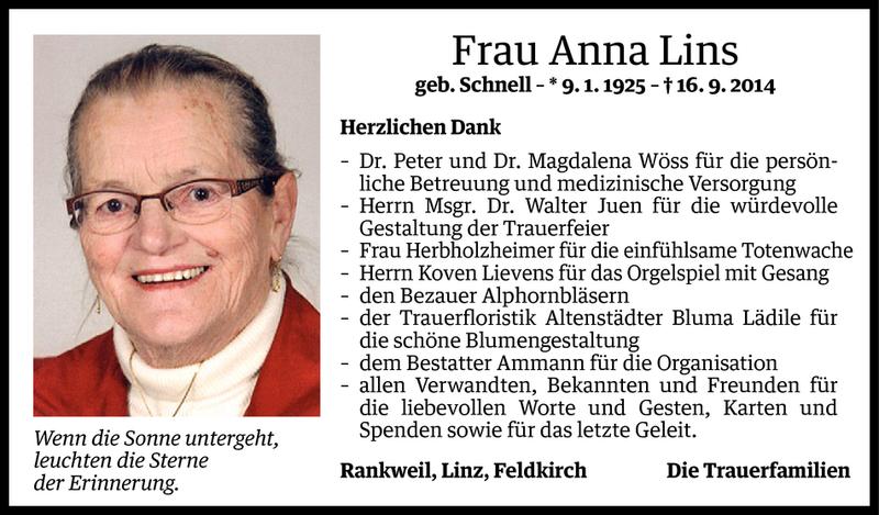  Todesanzeige für Anna Lins vom 14.10.2014 aus Vorarlberger Nachrichten