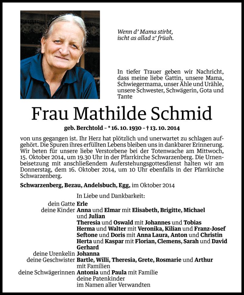  Todesanzeige für Mathilde Schmid vom 14.10.2014 aus Vorarlberger Nachrichten