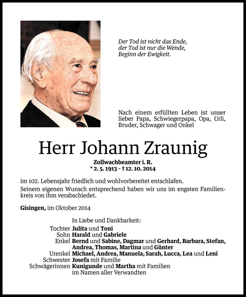  Todesanzeige für Johann Zraunig vom 15.10.2014 aus Vorarlberger Nachrichten