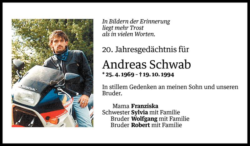  Todesanzeige für Andreas Schwab vom 17.10.2014 aus Vorarlberger Nachrichten