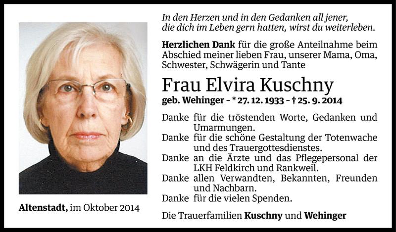  Todesanzeige für Elvira Kuschny vom 14.10.2014 aus Vorarlberger Nachrichten