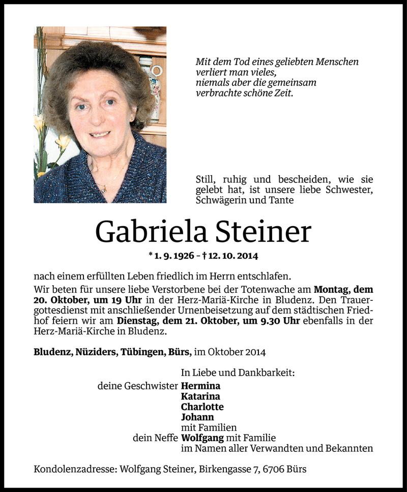  Todesanzeige für Gabriela Steiner vom 18.10.2014 aus Vorarlberger Nachrichten