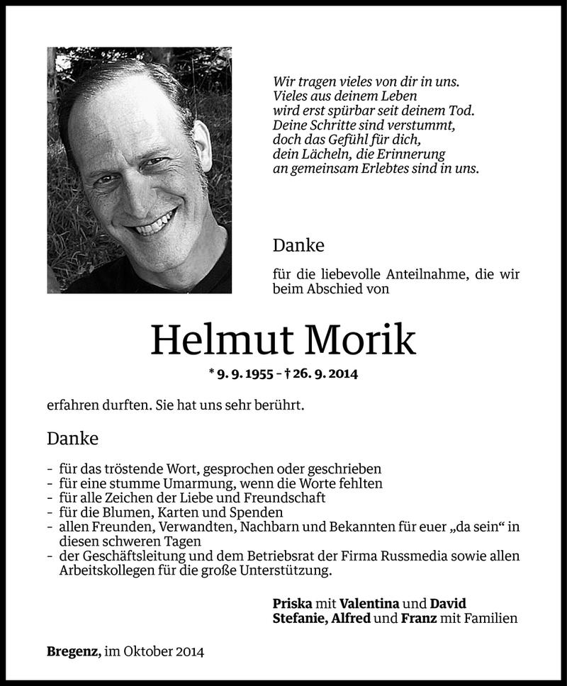  Todesanzeige für Helmut Morik vom 17.10.2014 aus Vorarlberger Nachrichten