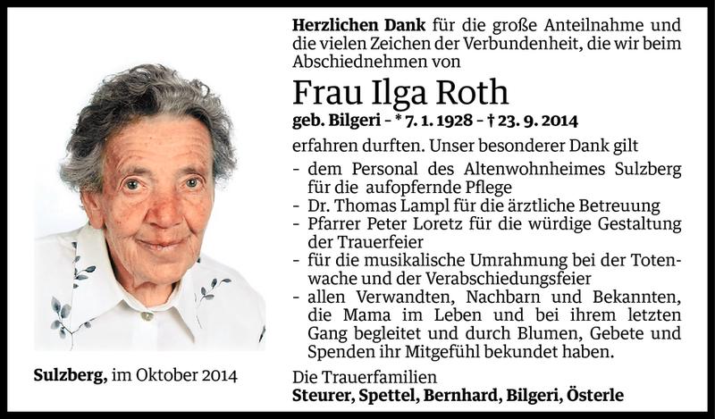  Todesanzeige für Ilga Roth vom 15.10.2014 aus Vorarlberger Nachrichten