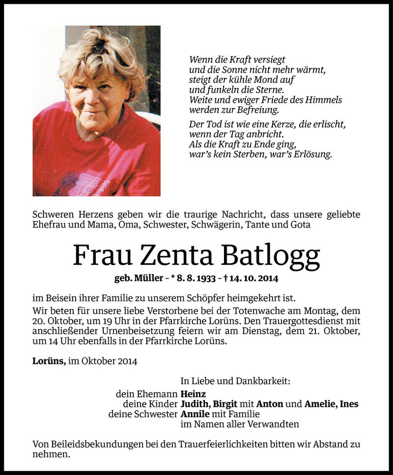  Todesanzeige für Zenta Batlogg vom 18.10.2014 aus Vorarlberger Nachrichten