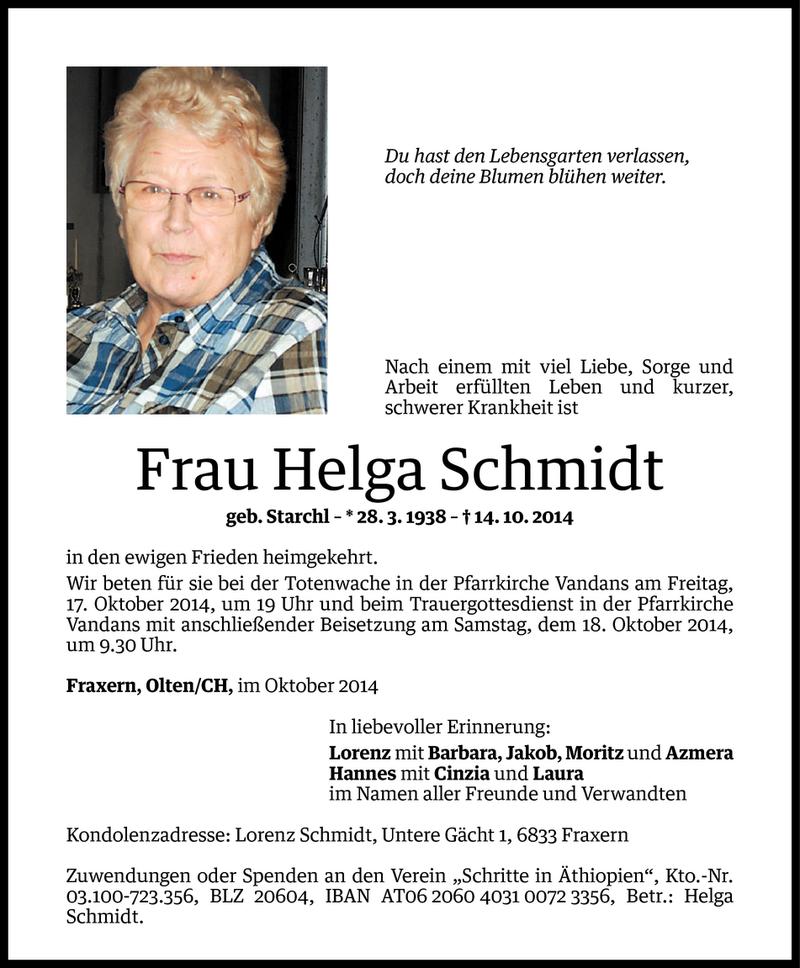  Todesanzeige für Helga Schmidt vom 15.10.2014 aus Vorarlberger Nachrichten