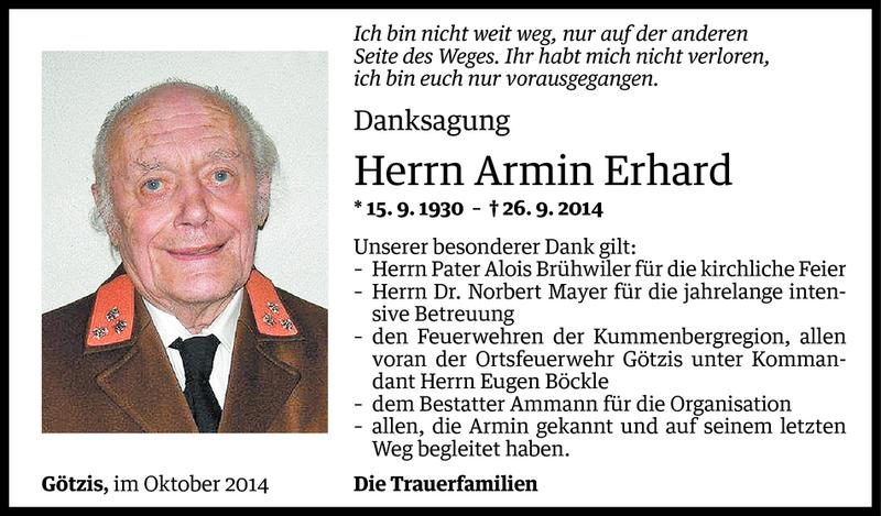  Todesanzeige für Armin Erhard vom 16.10.2014 aus Vorarlberger Nachrichten
