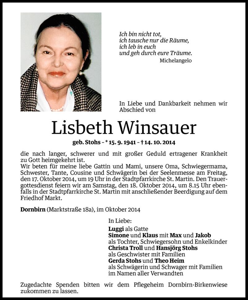  Todesanzeige für Lisbeth Winsauer vom 15.10.2014 aus Vorarlberger Nachrichten