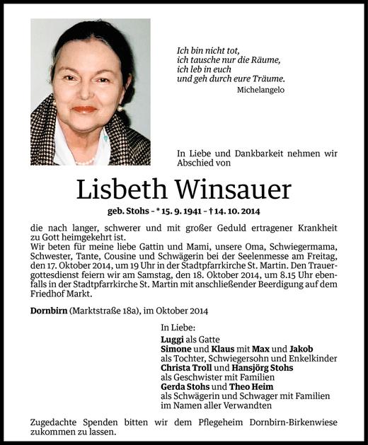 Todesanzeige von Lisbeth Winsauer von Vorarlberger Nachrichten