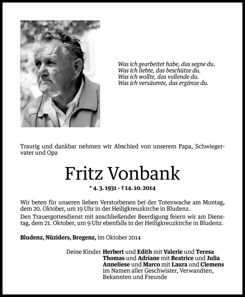  Todesanzeige für Fritz Vonbank vom 18.10.2014 aus Vorarlberger Nachrichten
