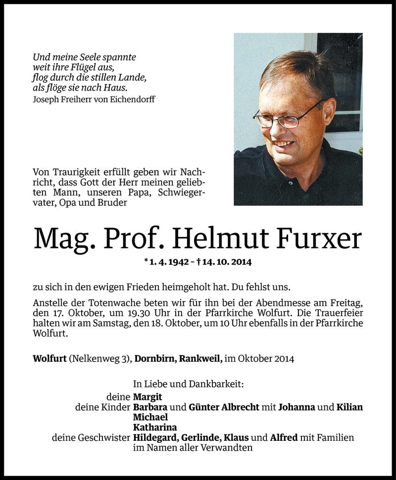  Todesanzeige für Helmut Furxer vom 15.10.2014 aus Vorarlberger Nachrichten