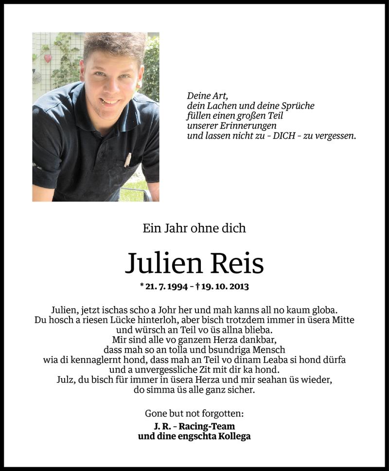  Todesanzeige für Julien Reis vom 17.10.2014 aus Vorarlberger Nachrichten