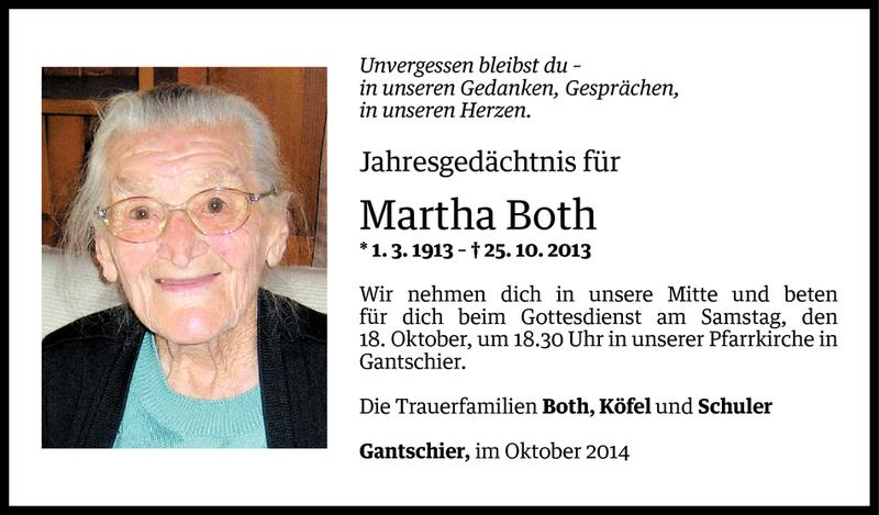  Todesanzeige für Martha Both vom 16.10.2014 aus Vorarlberger Nachrichten