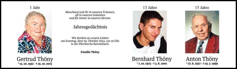  Todesanzeige für Gertrud, Bernhard, Anton Thöny vom 16.10.2014 aus Vorarlberger Nachrichten