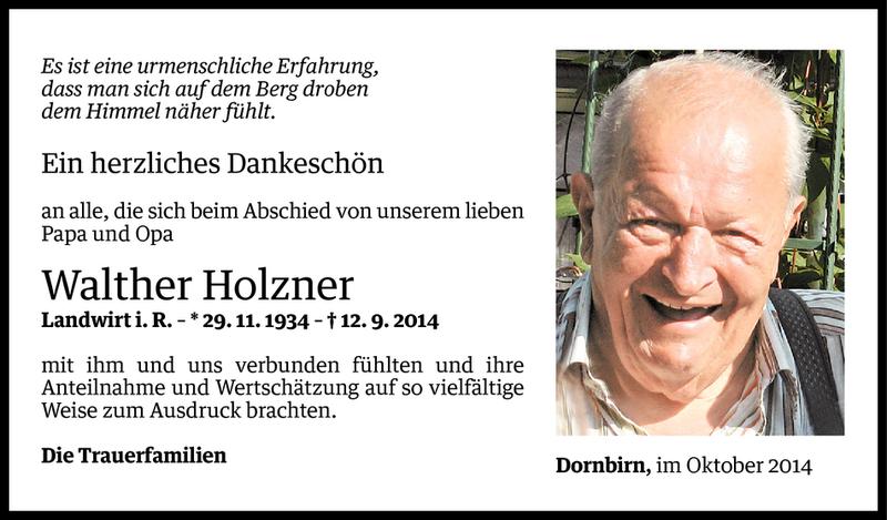  Todesanzeige für Walther Holzner vom 16.10.2014 aus Vorarlberger Nachrichten