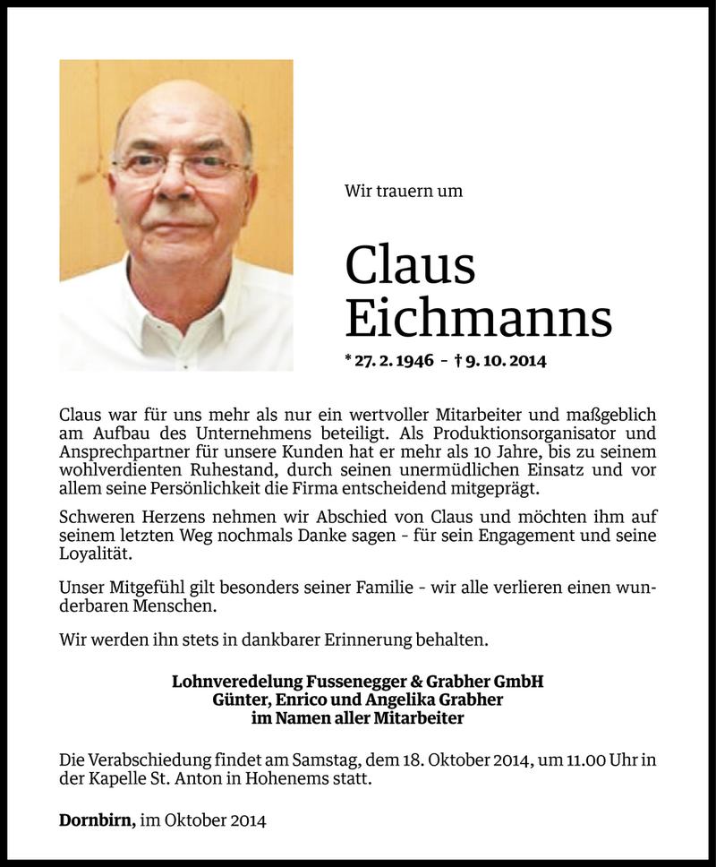  Todesanzeige für Claus Eichmanns vom 17.10.2014 aus Vorarlberger Nachrichten