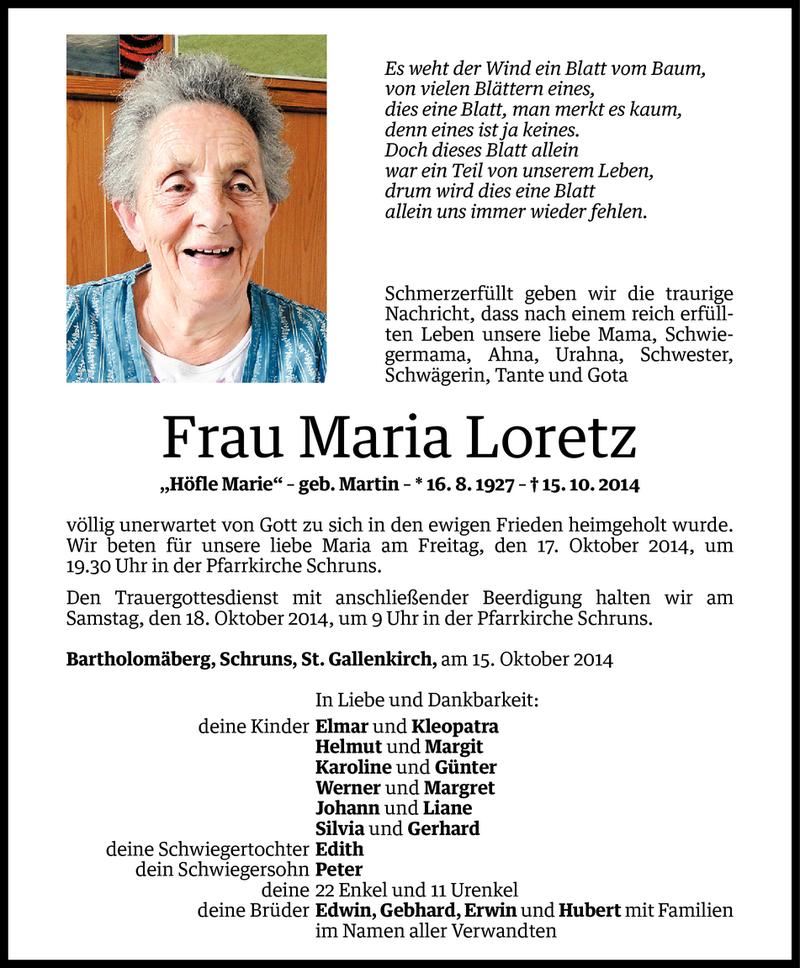  Todesanzeige für Maria Loretz vom 16.10.2014 aus Vorarlberger Nachrichten