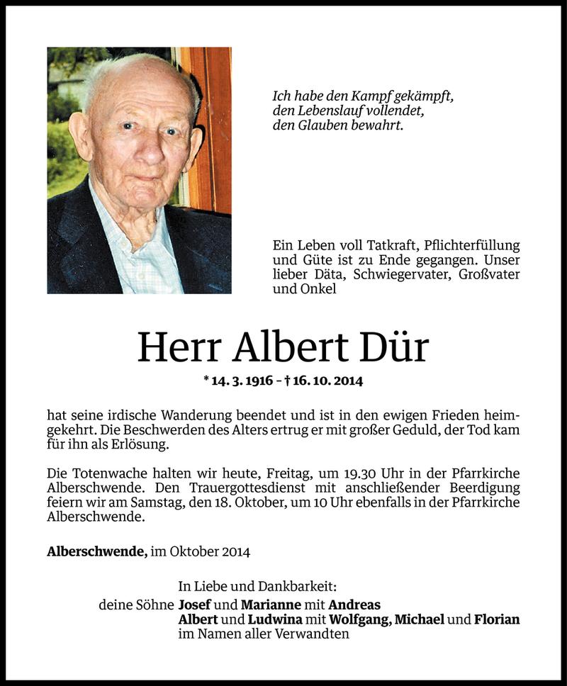  Todesanzeige für Albert Dür vom 16.10.2014 aus Vorarlberger Nachrichten