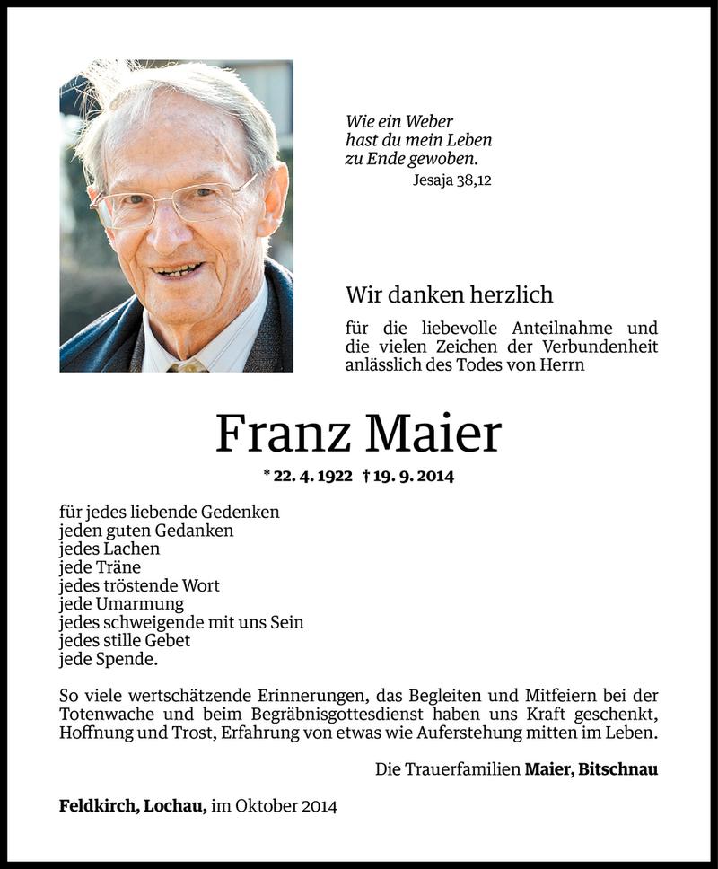  Todesanzeige für Franz Maier vom 17.10.2014 aus Vorarlberger Nachrichten